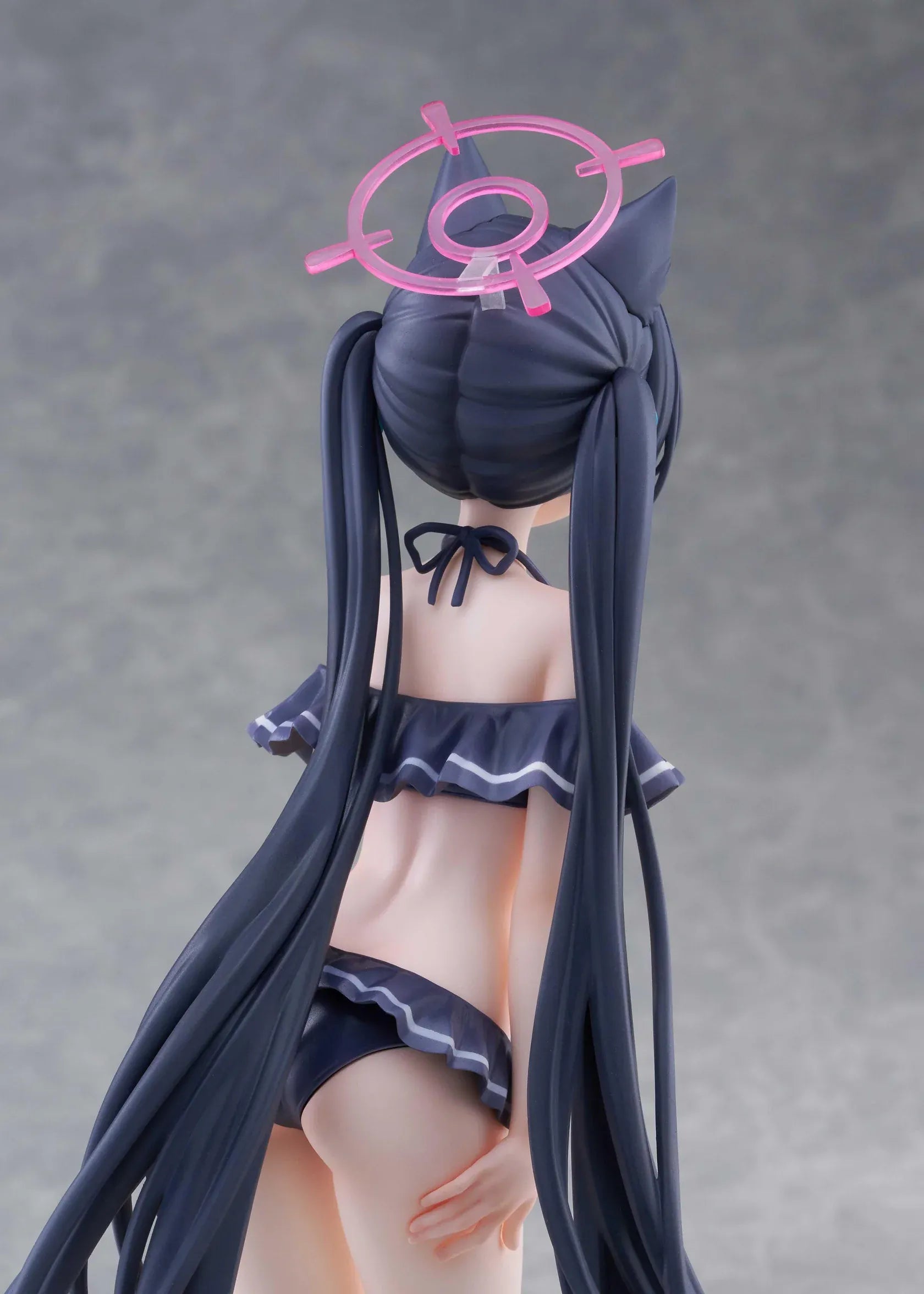 Blue Archive Serika Swimsuit 1/7 Scale Figure featuring Serika with long black hair, cat ears, dark frilled swimsuit, pink halo, platform sandals, and display base.