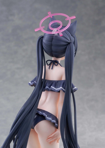 Blue Archive Serika Swimsuit 1/7 Scale Figure featuring Serika with long black hair, cat ears, dark frilled swimsuit, pink halo, platform sandals, and display base.