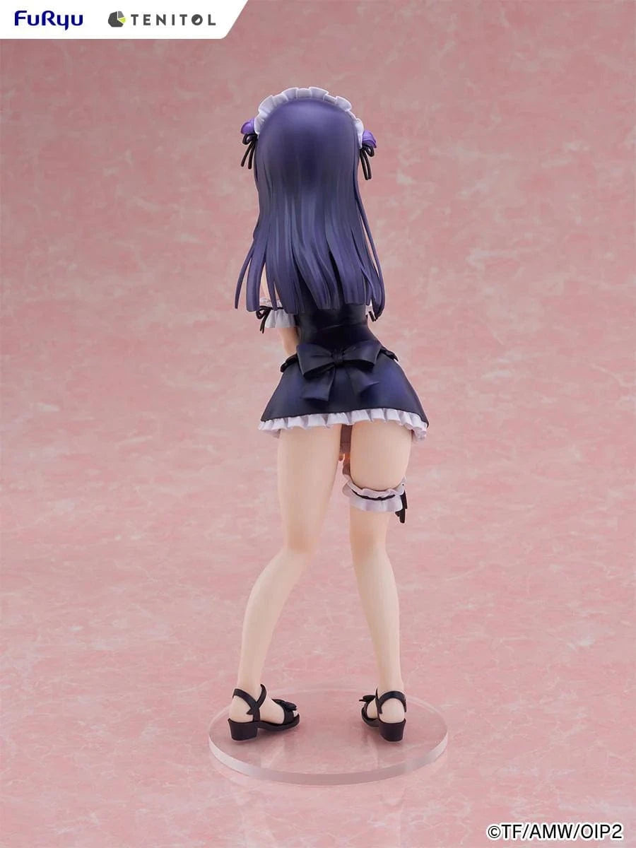 Oreimo Tenitol Tall Kuroneko Swimsuit Maid Ver. Figure featuring Kuroneko in a black-and-white maid swimsuit posing shyly by a dessert table with a beach backdrop