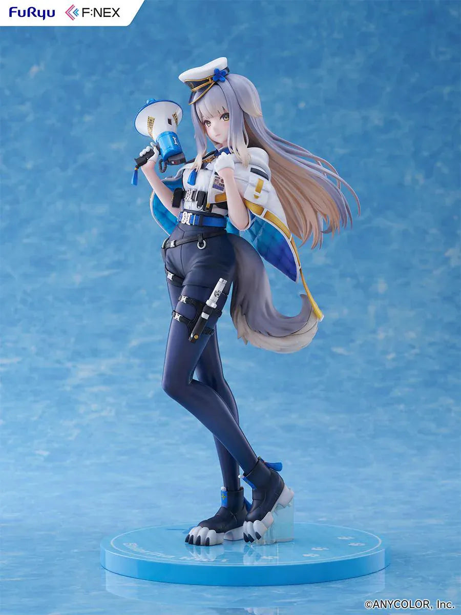 Nijisanji Ruri Shioriha 1/7 scale figure featuring megaphone accessory, silver hair, and detailed blue-and-white outfit