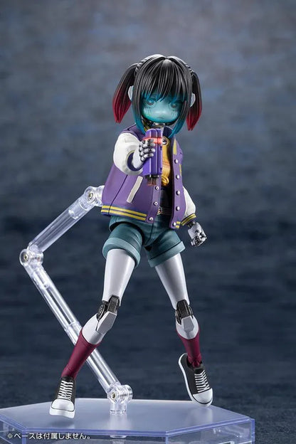 Milky Subway The Galactic Limited Express Makina Model Kit Figure featuring a robotic anime girl with black twin-tail hair, a blue-tinted face, a purple varsity jacket with white sleeves, denim shorts, mechanical arms and legs, burgundy socks, and black-and-white sneakers.
