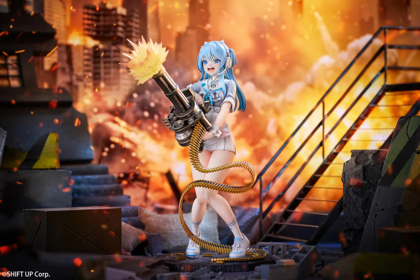 Goddess of Victory Nikke Shifty Illustration Panic Sight Deluxe Ver. 1/7 Scale Figure featuring Shifty with blue hair, tactical outfit, oversized weapon, firing effect, and ammo belt display details.