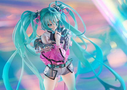 Hatsune Miku with SOLWA 1/7 Scale Figure Rerelease featuring Miku with teal twin tails, metallic pink jacket, silver outfit details, and a colorful display base.