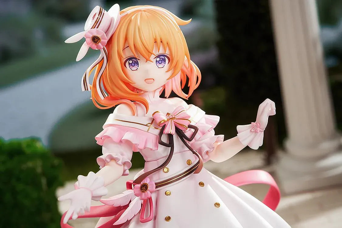 Is the Order a Rabbit Cocoa Dress Ver. 1/7 Scale Figure wearing an elegant pink and white frilled dress with ribbons and floral accessories