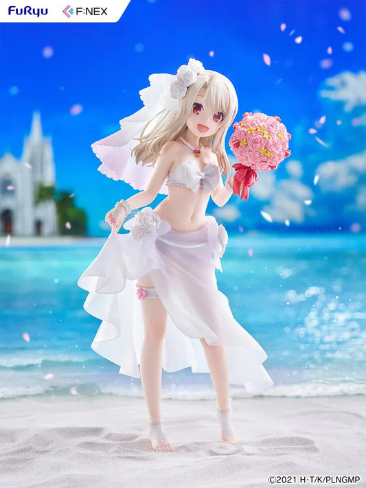 Fate kaleid liner Prisma Illya Illyasviel von Einzbern Wedding Swimsuit Ver 1/7 scale figure featuring Illya in a white bridal-inspired swimsuit with veil and pink bouquet