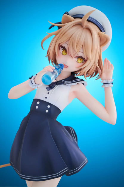 Rurudo Lion Marine Sailor Ver. figure in a navy and white sailor dress and hat, holding a blue bottle beside a chibi lion companion.
