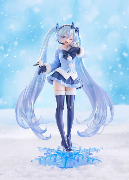 Vocaloid AMP+ Snow Miku All Stars 2012 Ver. Figure with icy blue twin-tails, winter outfit, bird details, and snowflake display base
