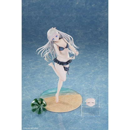 Summer Pockets REFLECTION BLUE Shiroha Naruse 1/6 scale figure wearing a black swimsuit and holding a watermelon on a beach-themed base.