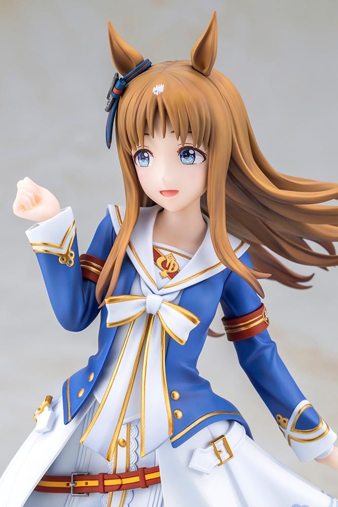 UmaMusume Pretty Derby Grass Wonder 1/7 Scale Figure with brown hair, horse ears, blue-and-white outfit, and grass display base