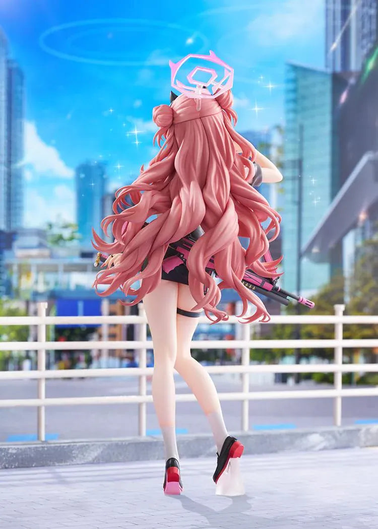 Blue Archive Kirara 1/7 scale figure with long pink hair, school uniform, pink and black weapon, halo, and translucent pink display base