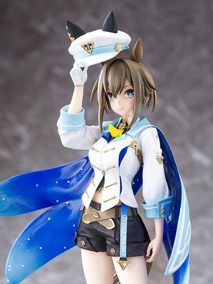 Umamusume Pretty Derby Cheval Grand 1/7 Scale Figure Rerelease featuring Cheval Grand with horse ears, blue-and-white race outfit, starry blue cape, cap, and sporty boots.