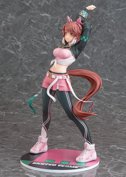 Uma Musume Pretty Derby Dantsu Flame 1/7 scale figure in pink athletic outfit with dynamic stretching pose and themed base