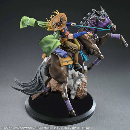 STEEL BALL RUN JoJo's Bizarre Adventure Gyro Zeppeli and Valkyrie figure featuring Gyro riding Valkyrie in a dynamic action pose with rocky effect base