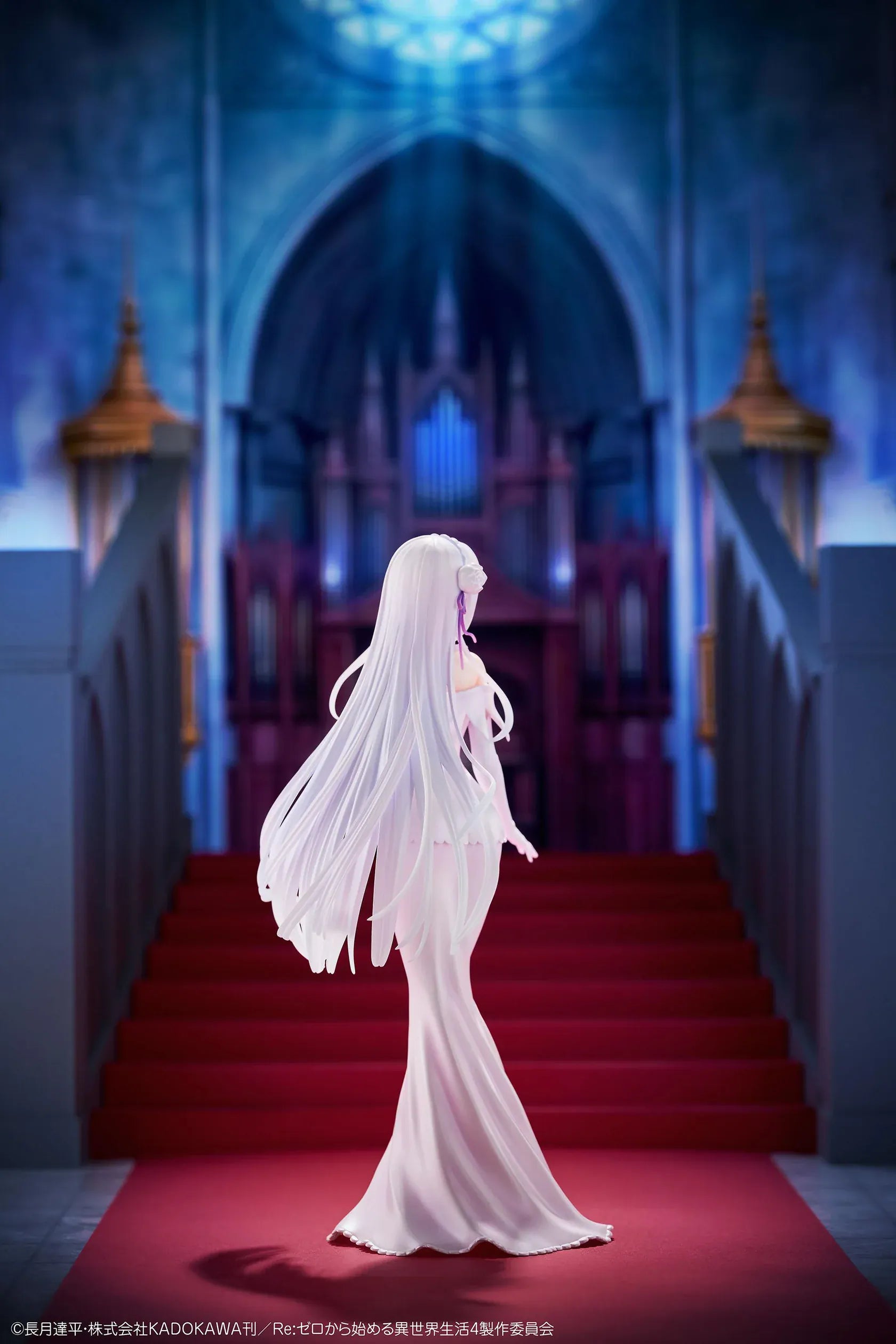 Re Zero Emilia Wedding Dress Ver. 1/7 Scale Figure wearing an elegant flowing white bridal gown with silver hair and floral accessories