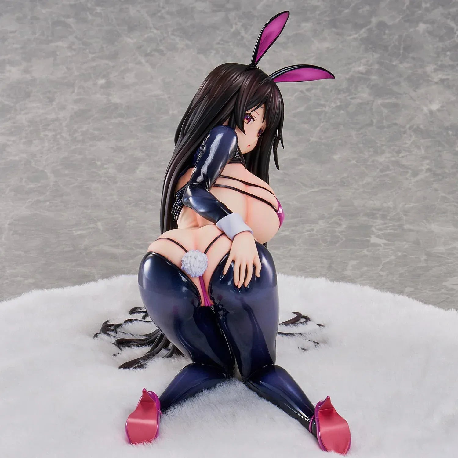 Reverse Bunny anime figure based on a Hirari illustration, posed low to the ground in a glossy dark bunny suit with long flowing hair and pink heels.