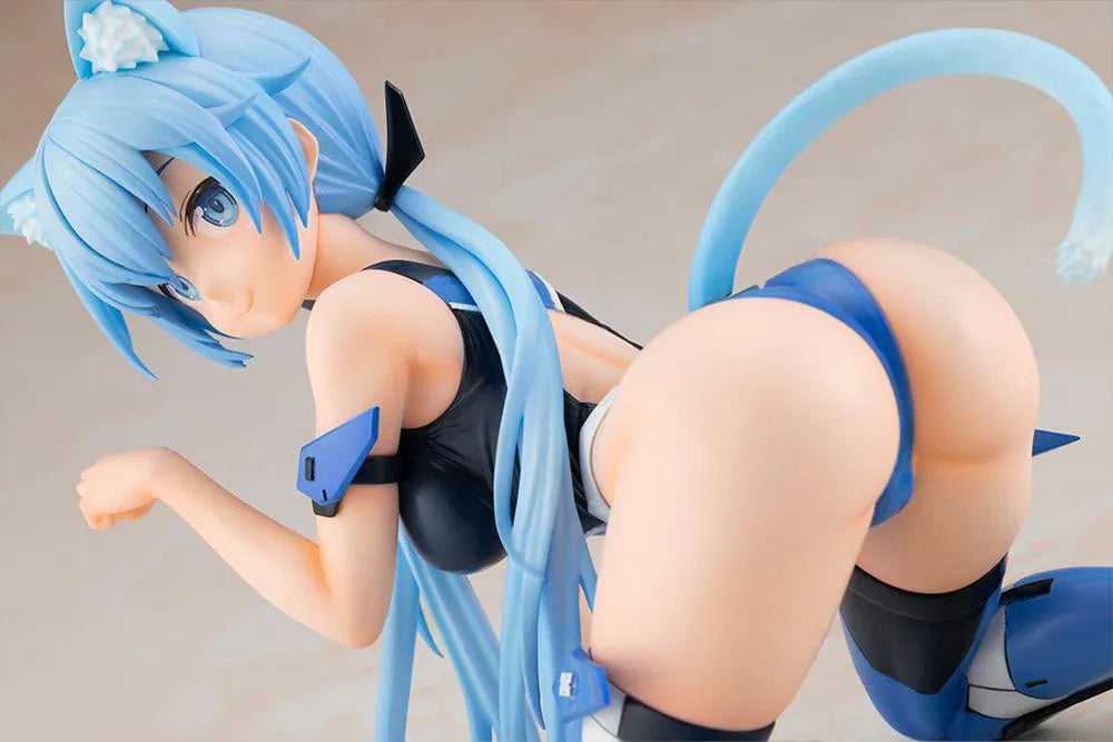 Frame Arms Girl Stylet Swimsuit Ver. Figure featuring Stylet with long light blue hair, cat ear details, blue-and-black swimsuit outfit, mechanical accessory parts, and display pose.