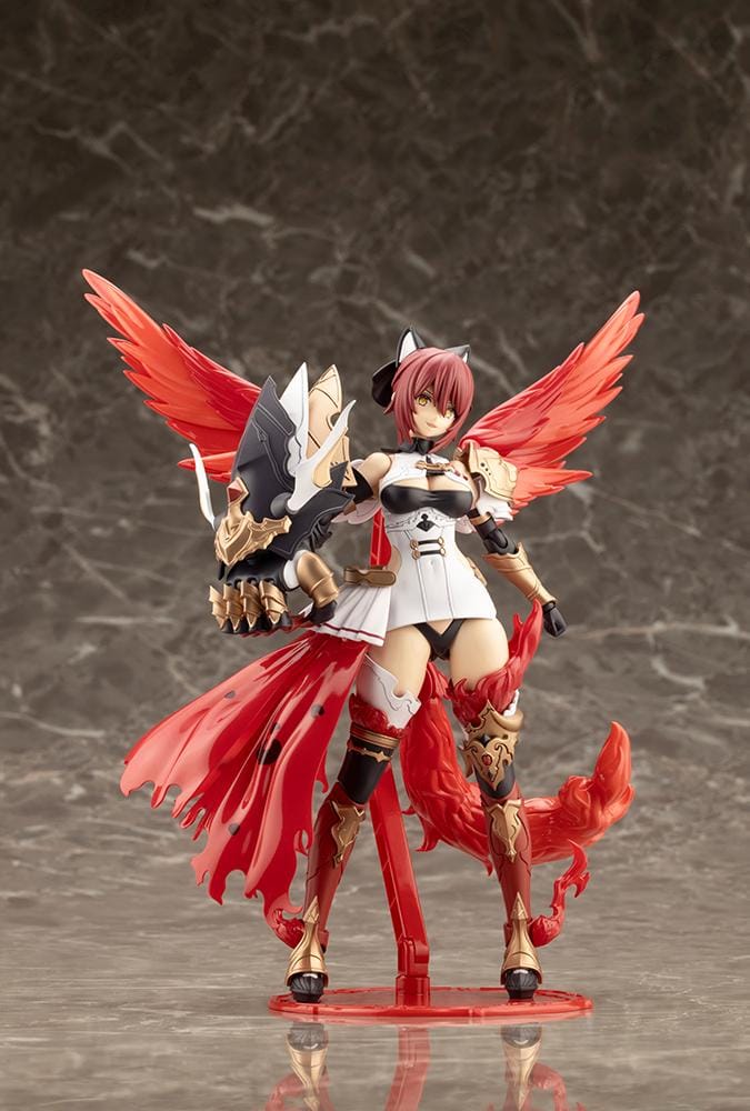 Assembled Arcanadea Charmed model kit with red hair, animal ears, a white and black outfit, gold armor accents, and a sweeping flame-like red tail.