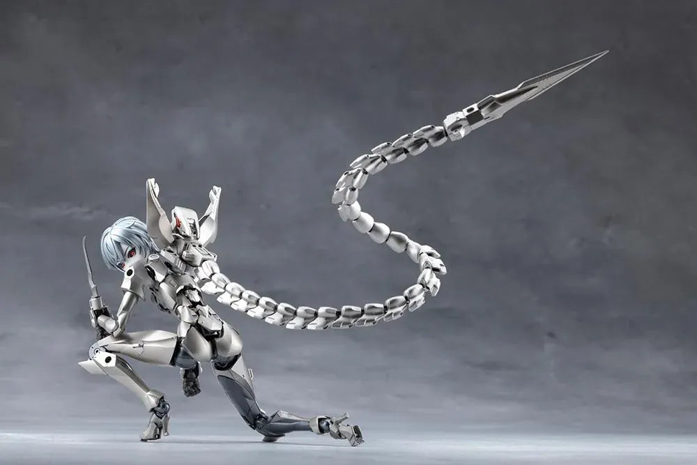 Megalomaria Unlimited Universe Wreckage Hunter model kit with white mechanical armor, a large rifle, weapon tail, and futuristic motorcycle.