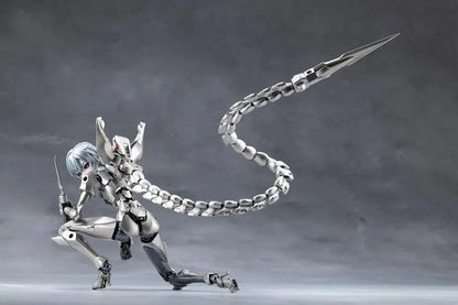 Megalomaria Unlimited Universe Wreckage Hunter model kit with white mechanical armor, a large rifle, weapon tail, and futuristic motorcycle.