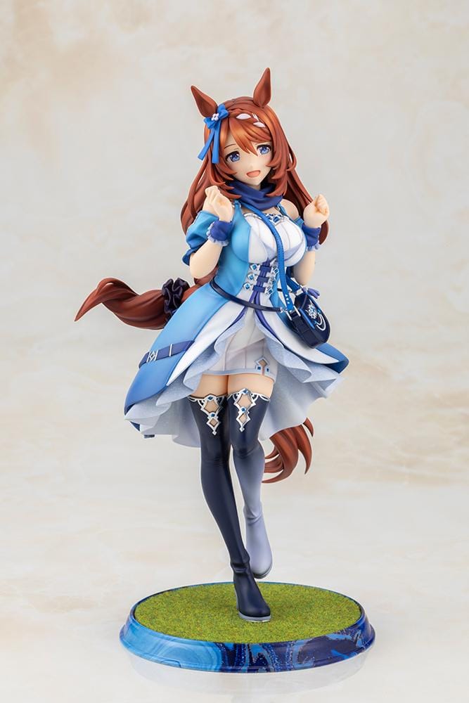 Uma Musume Pretty Derby Super Creek 1/7 Scale Figure featuring Super Creek in a blue-and-white outfit with red hair, horse ears, tail, and a cheerful pose on a themed base.