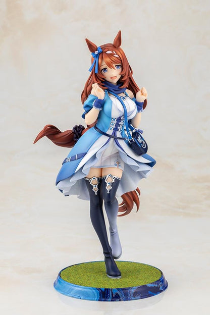 Uma Musume Pretty Derby Super Creek 1/7 Scale Figure featuring Super Creek in a blue-and-white outfit with red hair, horse ears, tail, and a cheerful pose on a themed base.