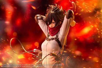 Attack on Titan Oshi Works Mikasa Ackerman The Final Season figure featuring Mikasa in her Survey Corps uniform adjusting her signature red scarf with detailed ODM gear