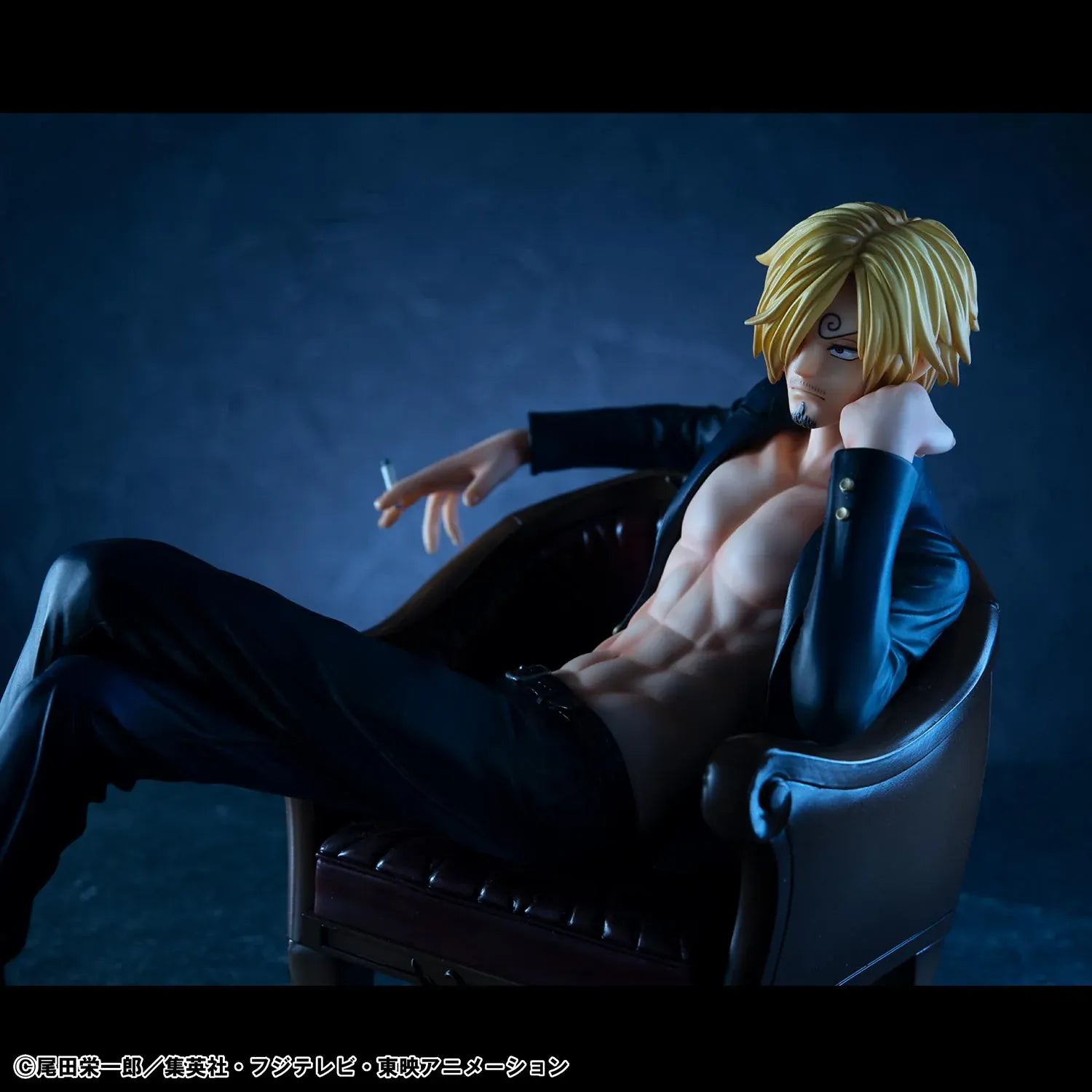 One Piece Portrait of Pirates S.O.C. Sanji Ver.R Figure seated in a chair with black suit, blonde hair, cigarette accessory, and relaxed pose