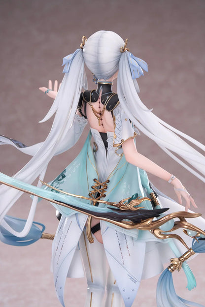 Wuthering Waves Jinhsi 1/7 Scale Figure with long white hair, elegant blue and gold outfit, flowing accessories, water-style display base, and bonus item