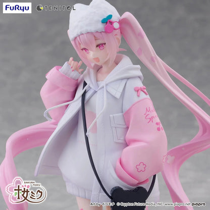 Vocaloid Tenitol Petit Sakura Miku Cool Style Figure featuring Sakura Miku in a pink and white hoodie outfit with twin-tails and a cat-shaped bag