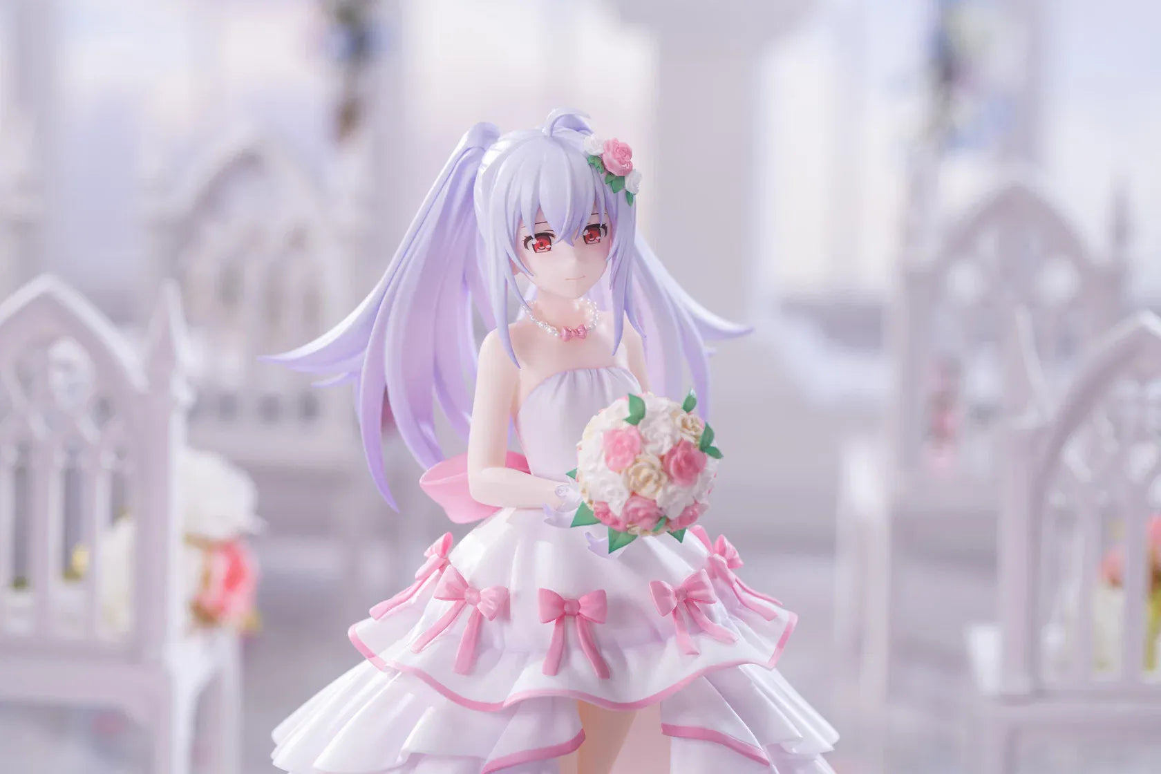 Plastic Memories Isla Wedding Dress Ver. 1/7 Scale Figure wearing a white and pink bridal gown while holding a rose bouquet