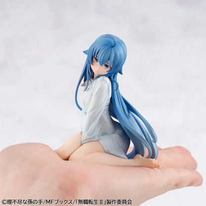 Mushoku Tensei Melty Princess Roxy Migurdia Peeping Ver. figure kneeling in oversized white shirt with long blue hair.