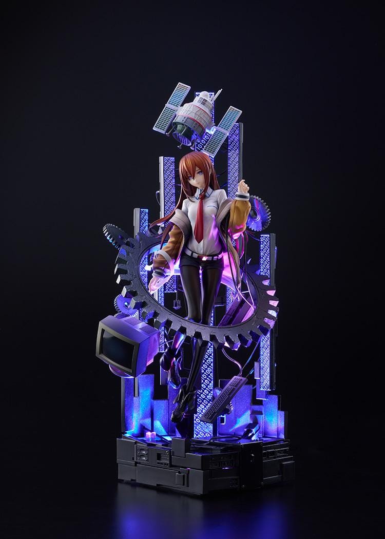 Kurisu Makise 1/7 scale figure surrounded by gears, binary-patterned panels, a satellite, retro monitor, and computer equipment with red-orange accents.