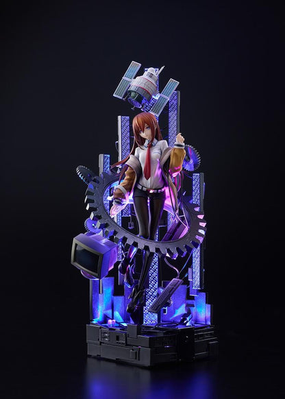Kurisu Makise 1/7 scale figure surrounded by gears, binary-patterned panels, a satellite, retro monitor, and computer equipment with red-orange accents.