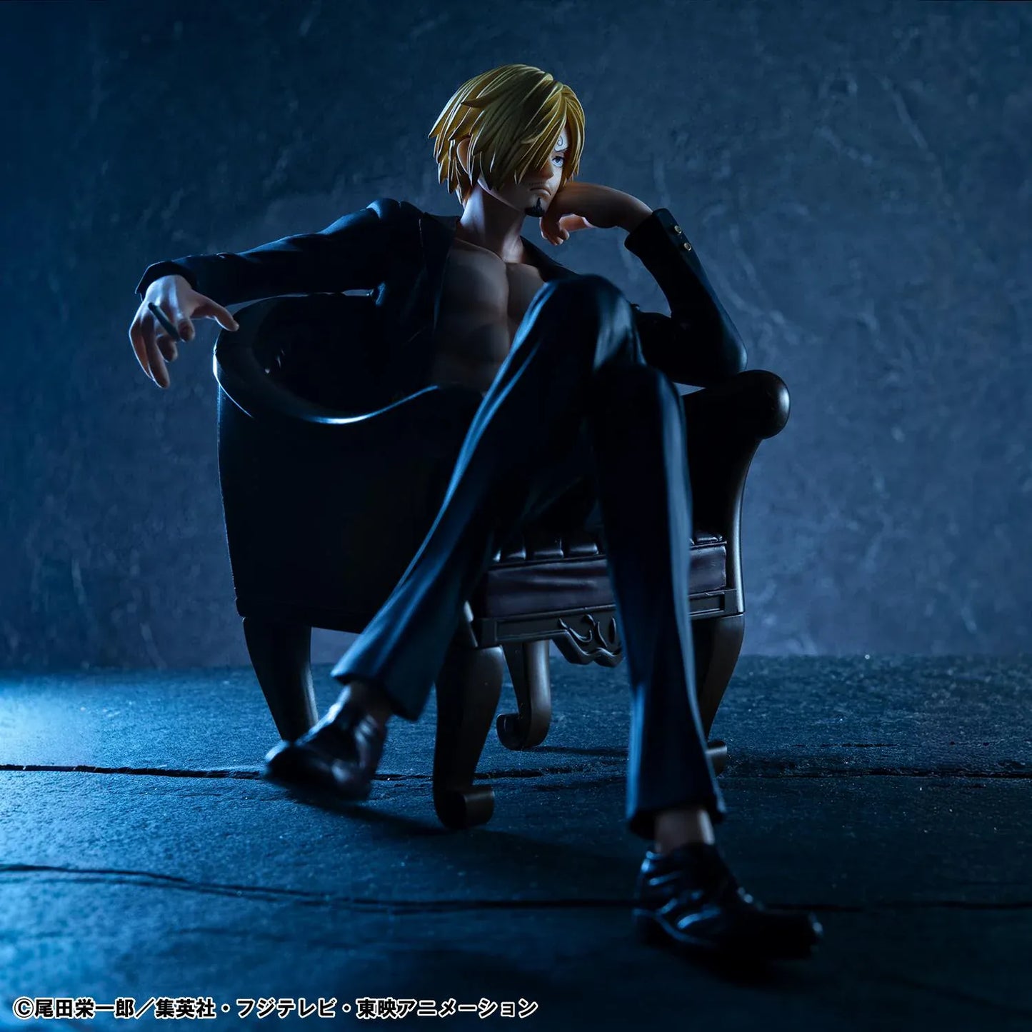 One Piece Portrait of Pirates S.O.C. Sanji Ver.R Figure seated in a chair with black suit, blonde hair, cigarette accessory, and relaxed pose