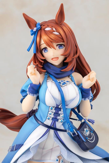 Uma Musume Pretty Derby Super Creek 1/7 Scale Figure featuring Super Creek in a blue-and-white outfit with red hair, horse ears, tail, and a cheerful pose on a themed base.