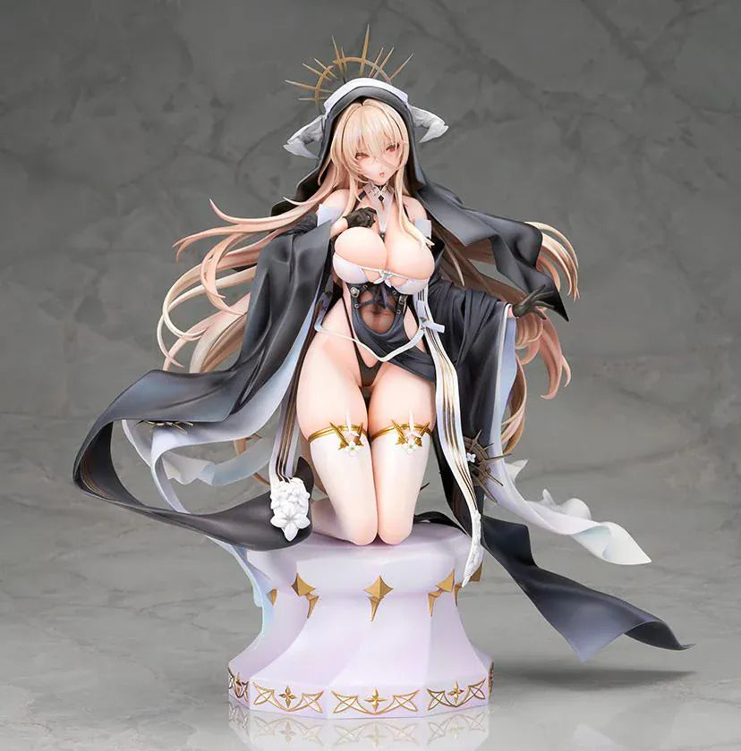 Azur Lane Implacable Special Ver. 1/7 Scale Figure with long blonde hair, black-and-white outfit, gold accents, halo headpiece, and clear display base