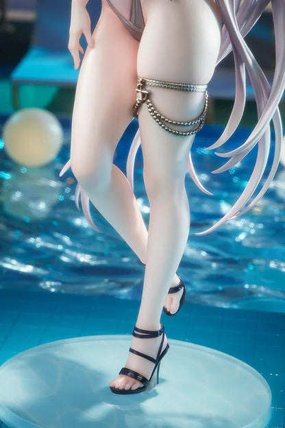 Azur Lane Agir Nightpool 1/6 Scale Figure featuring Agir with long silver hair, horn details, floral accessories, dark swimwear, and a water-inspired display base.