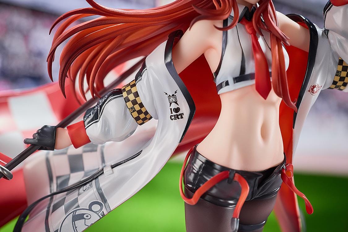 STEINS;GATE Kurisu Makise Racing Ver. set featuring a 1/7 scale figure on a road-inspired base and a matching seated plushie, both with red flags.