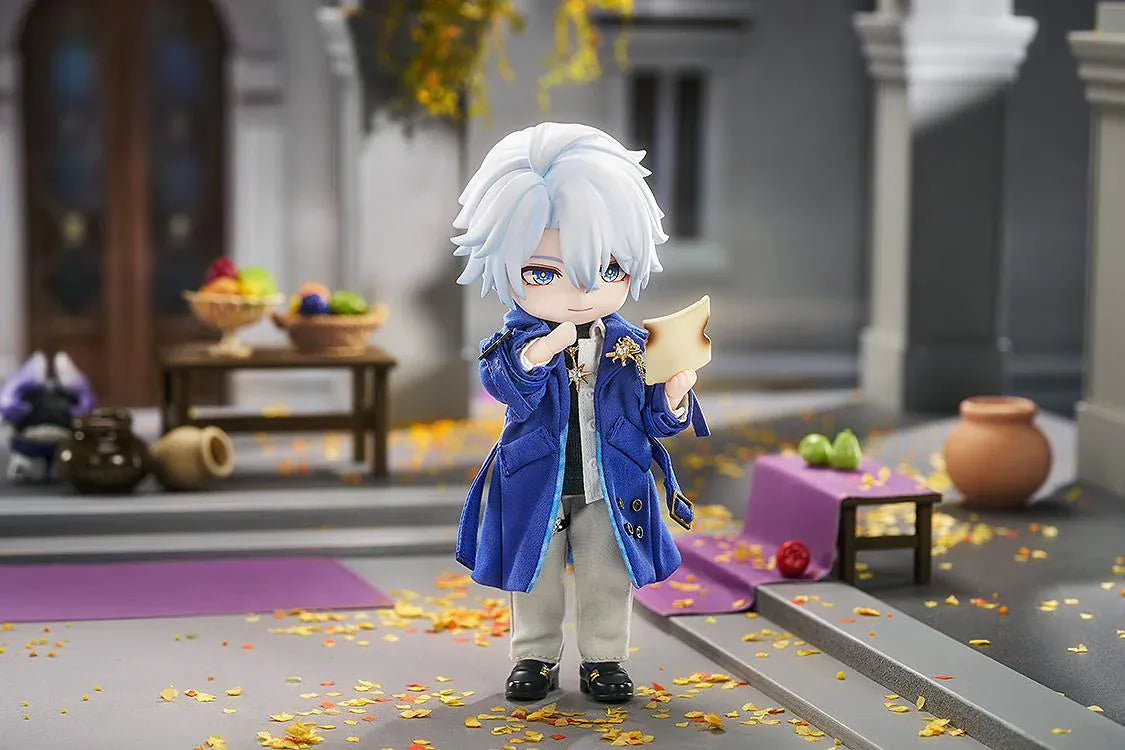 Honkai Star Rail Nendoroid Doll Phainon Express Travel Ver. featuring Phainon with silver-blue hair, blue coat, fabric-style outfit, gold accessories, and wink expression.