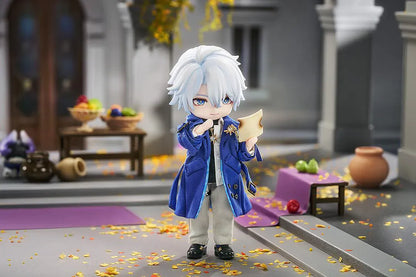 Honkai Star Rail Nendoroid Doll Phainon Express Travel Ver. featuring Phainon with silver-blue hair, blue coat, fabric-style outfit, gold accessories, and wink expression.