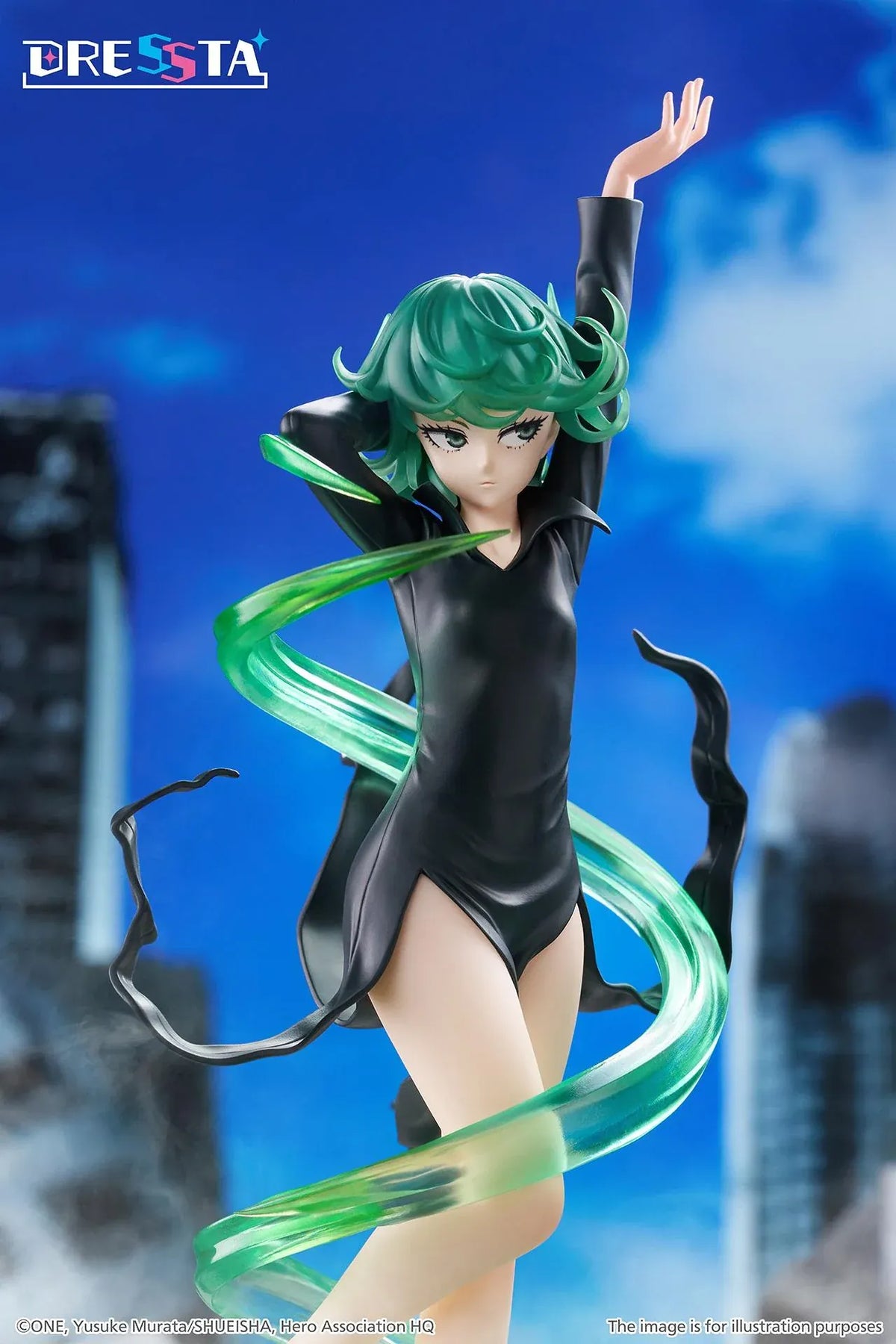 Terrible Tornado Dressta figure floating in a black dress surrounded by translucent green psychic energy effects on a rocky base.