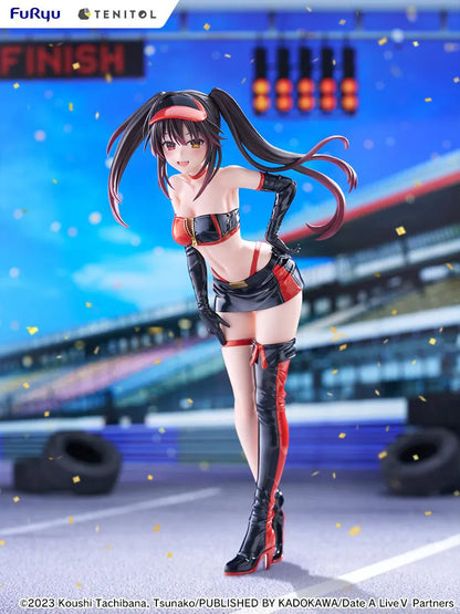 Date A Live V Tenitol Tall Kurumi Tokisaki Race Queen Ver. Figure featuring Kurumi with twin-tail hair, black-and-red race queen outfit, visor, gloves, and thigh-high boot styling.