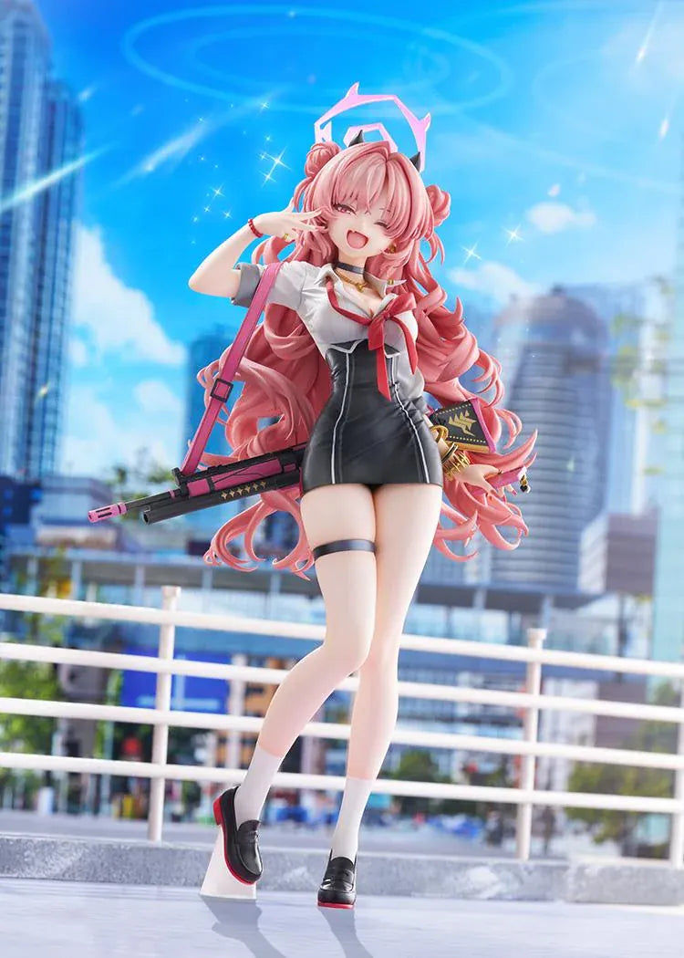 Blue Archive Kirara 1/7 scale figure with long pink hair, school uniform, pink and black weapon, halo, and translucent pink display base