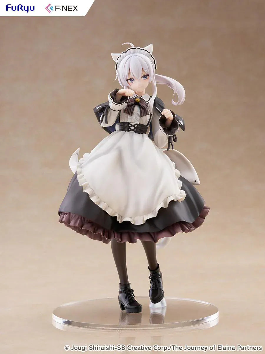 Elaina maid costume with cat ears scale figure from Wandering Witch, standing in a pawing pose with frilled monochrome dress and flowing twin-tail hair.