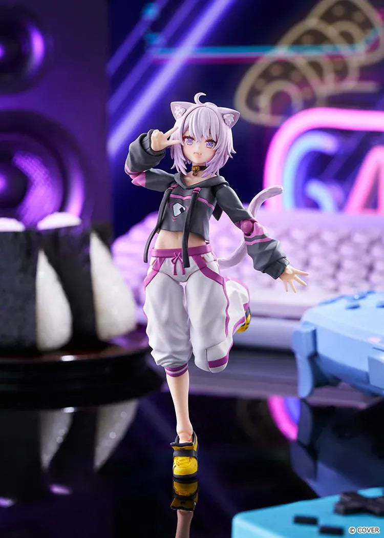hololive production figma Nekomata Okayu Figure with lavender hair, cat ears and tail wearing her signature black purple and white outfit