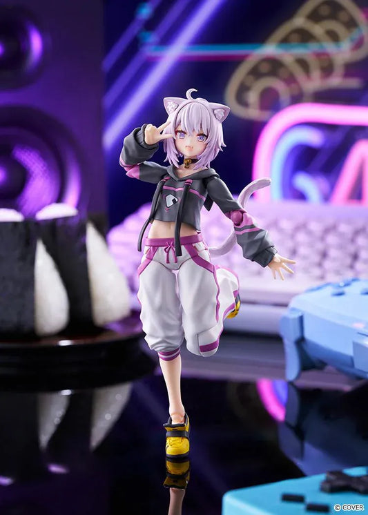 hololive production figma Nekomata Okayu Figure with lavender hair, cat ears and tail wearing her signature black purple and white outfit
