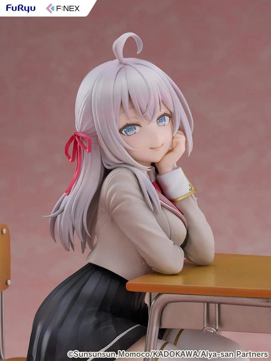 Alya Sometimes Hides Her Feelings in Russian Alya 1/7 Scale Figure by FuRyu F:NEX featuring Alya sitting at a school desk with silver hair and red ribbons