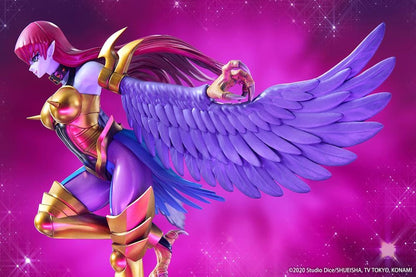 Harpie Lady figure posed in flight with outstretched purple wings, red hair, and gold Cyber Shield armor above a black display base.