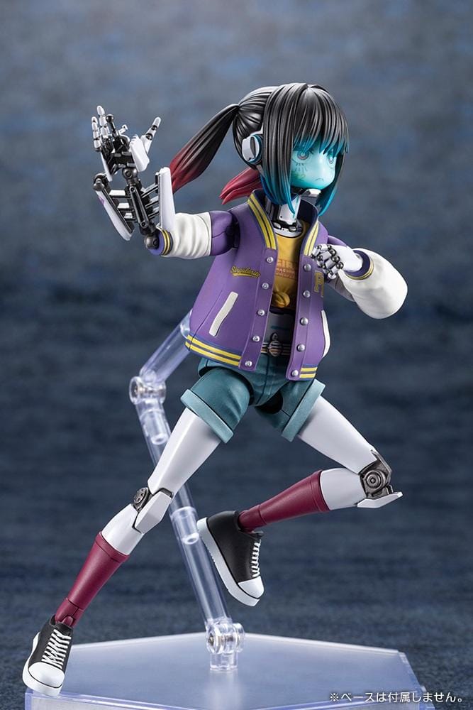 Milky Subway The Galactic Limited Express Makina Model Kit Figure featuring a robotic anime girl with black twin-tail hair, a blue-tinted face, a purple varsity jacket with white sleeves, denim shorts, mechanical arms and legs, burgundy socks, and black-and-white sneakers.