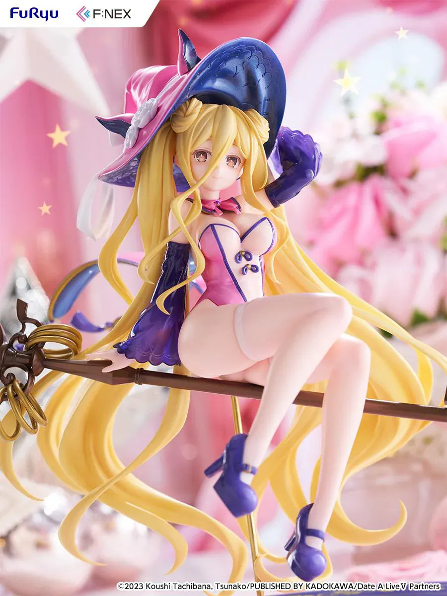 Date A Live V Mukuro Hoshimiya Witch Style Ver. 1/7 Scale Figure featuring Mukuro with long blonde hair, pink witch outfit, large witch hat, key-shaped staff, and magical display base.